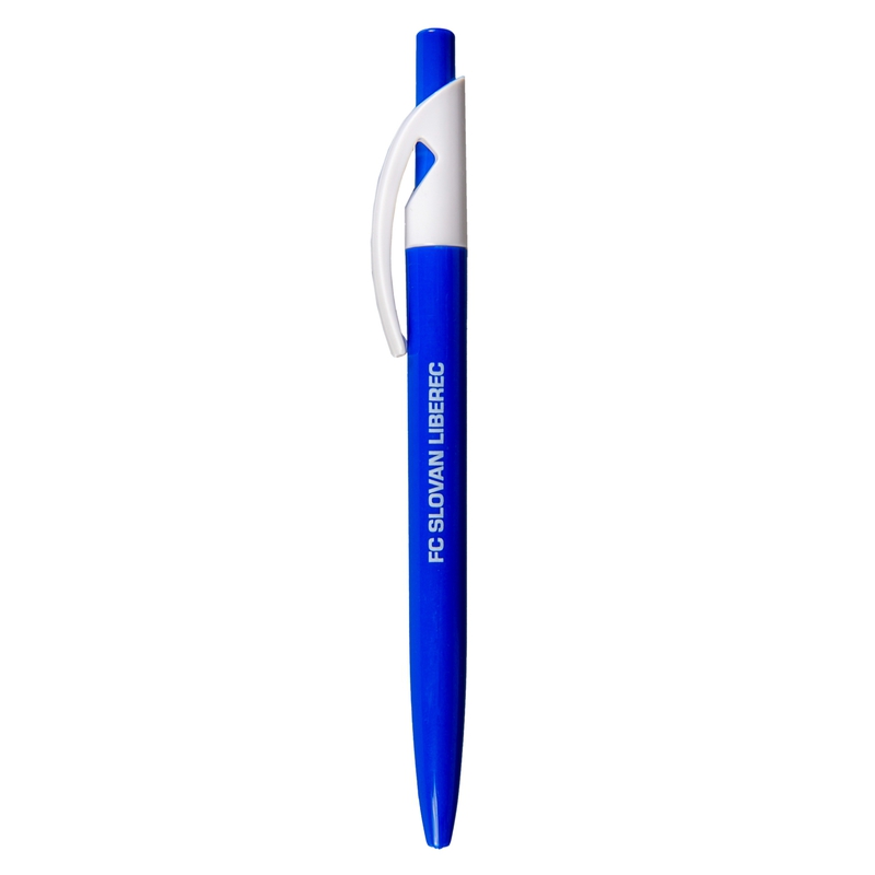 Blue and white plastic ballpoint pen